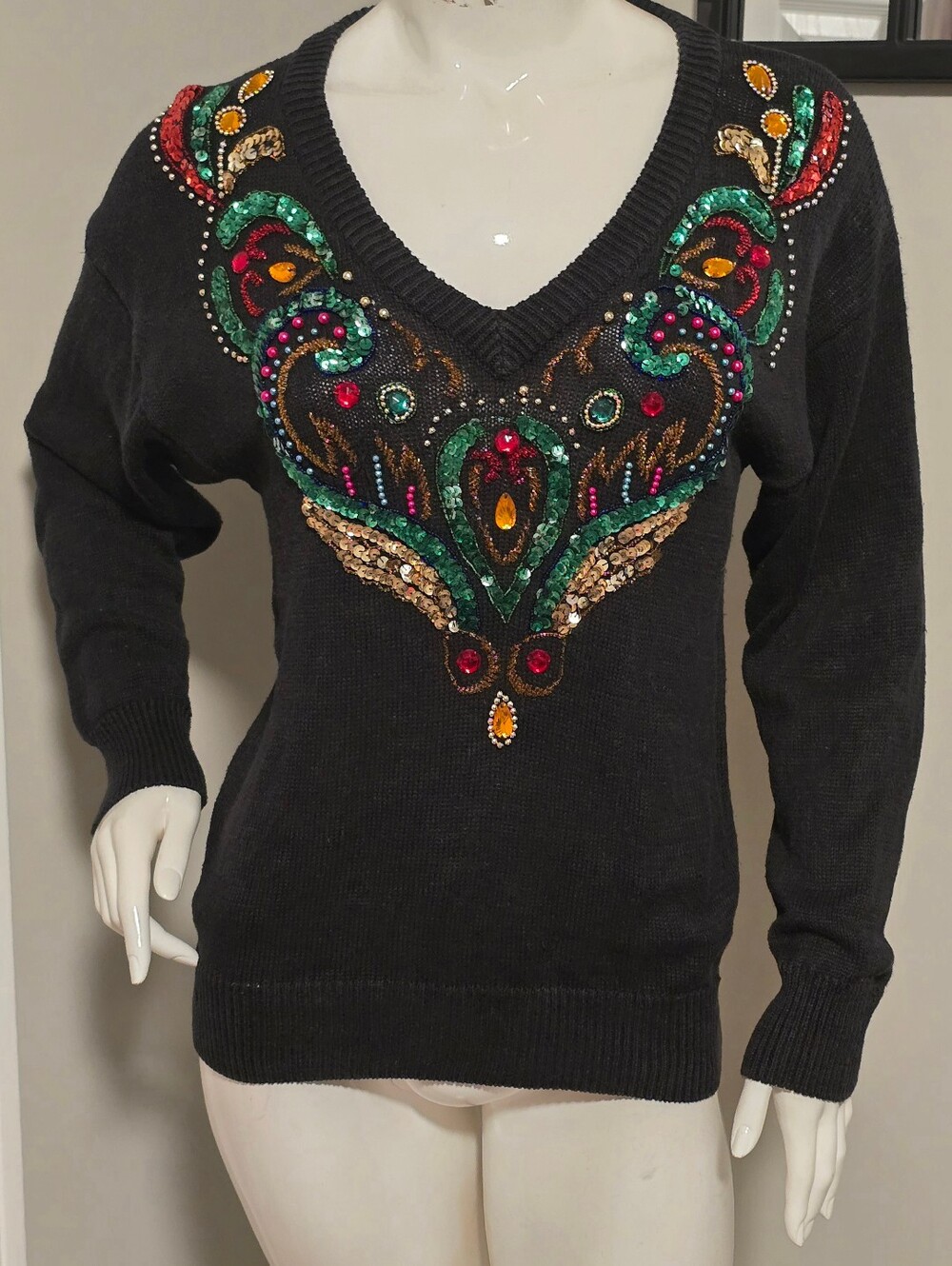 Vtg 80s Jessica Stevens V-Neck Sweater Size Small Bev Goldberg Holiday Pull Over